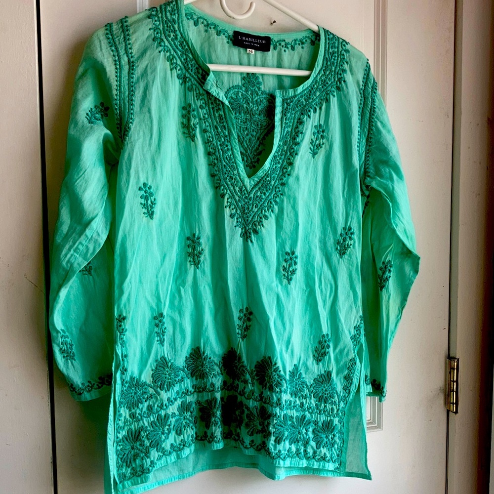 Cotton embroidered boho top mint green